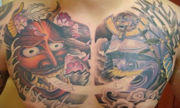 Looking for unique Mason Tattoos?  Full view of the asian chest piece